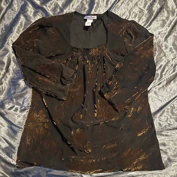 Vintage Carol Rose Brown and Black Velvet V-Neck Tunic Blouse - Picture 6 of 7